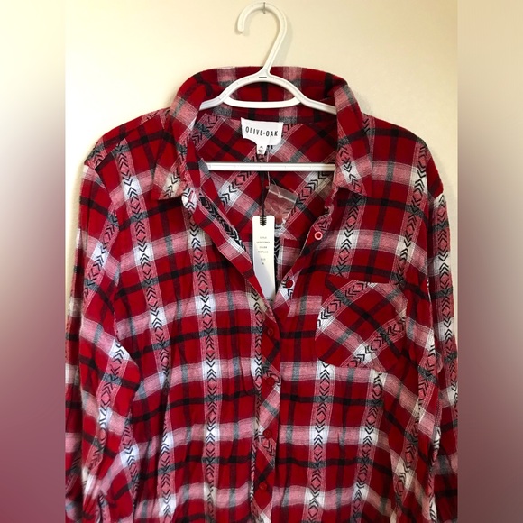 NWT Olive+Oak Women’s Boho Flannel & Plaid Fringe Button Down Cotton Top - Picture 4 of 13